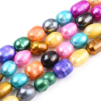 Dyed Natural Cultured Freshwater Pearl Beads Strands, Rice, Mixed Color, 5~6mm, Hole: 0.5mm, about 54pcs/strand, 14.1 inch