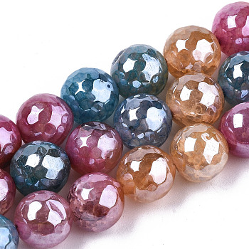 Electroplate Natural Agate Beads Strands, Dyed, Faceted, Pearl Luster Plated, Round, Colorful, 10.5mm, Hole: 1.2mm, about 36~37pcs/strand, 14.37 inch~14.57 inch(36.5cm~37cm)