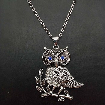 Alloy Capri Blue Rhinestone Cute Owl Pendant Necklaces for Women, Platinum