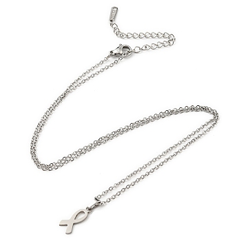 201 Stainless Steel Ribbon Knot Pendant Necklace with Cable Chains, Stainless Steel Color, 17.83 inch(45.3cm)
