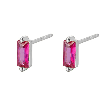 Cubic Zirconia Rectangle Stud Earrings, Silver 925 Sterling Silver Post Earrings, with 925 Stamp, Fuchsia, 7.8x3mm