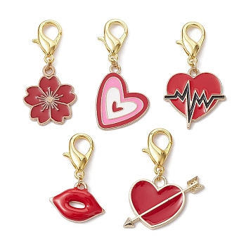 Valentine's Day Theme Alloy Enamel Pendant Decoration, with Alloy Lobster Claw Clasps, Heart/Lip/Flower, Golden, 30~39mm