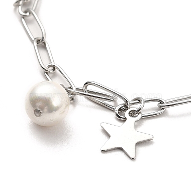 CCB Pearl & 304 Stainless Steel Charm Bracelet with Paperclip Chains for Women(BJEW-C025-05P)-3
