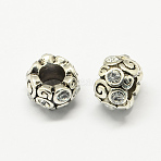 Alloy Rhinestone European Beads, Rondelle Large Hole Beads, Antique Silver, Crystal, 11x8mm, Hole: 6mm(MPDL-R036-09H)