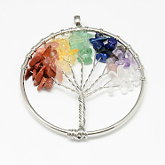 Mixed Stone Big Pendants, with Brass Wires, Flat Round with Tree, 57x50x7mm, Hole: 5.5mm(G-Q470-02)