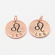 Alloy Pendants, with Rhinestone, Flat Round, with Constellation/Zodiac Sign, Rose Gold, Leo, 22x2.5mm, Hole: 5.5mm(PALLOY-S083-02RG)