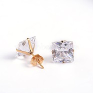 Square Cubic Zirconia Stud Earrings, with Golden Plated 304 Stainless Steel Pins, Clear, 4.5x4mm, Pin: 0.9mm(EJEW-H306-08G-4mm)