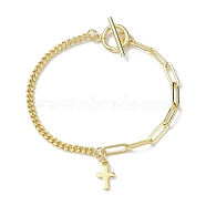 304 Stainless Steel Cross Charm Bracelet, with Brass Paperclip & Curb Chains, Golden, 7-1/2 inch(190mm)(BJEW-JB10029)