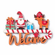 Christmas Decoration Wooden Door Plate, Wood Big Pendants for Door Hanging, Word Welcome with Santa Claus & Reindeers/Stags & Gift Boxes, Colorful, 71x99.5x3.5mm, Hole: 2.5mm(FIND-H030-09)