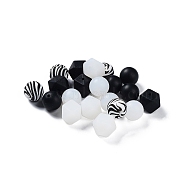 Round/Polygon Food Grade Silicone Focal Beads, Chewing Beads For Teethers, DIY Nursing Necklaces Making, Zebra Pattern, Black, 14~15x15~18x14~15mm, Hole: 2.3~2.5mm, 20pcs/bag(SIL-F003-06C)