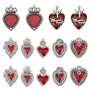 14Pcs 7 Style Alloy Enamel Pendants, Antique Silver, Heart & Sacred Heart Charm, FireBrick, 29.5~64x20~42.5x3~5mm, Hole: 1.5~3mm, 2pcs/style(FIND-CA0008-22)