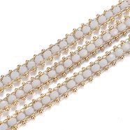 Brass Handmade Faceted Glass Beaded Chains, with Spool, Soldered, Long-Lasting Plated, Real 18K Gold Plated, Rondelle, White, 7x3.5mm, about 16.4 Feet(5m)/roll(CHC-F012-04B)