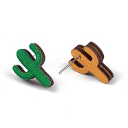Natural Wood Stud Earrings, 316 Stainless Steel Jewelry for Women, Cactus Pattern, 16x11.5mm, Pin: 0.6mm(EJEW-C013-01I)