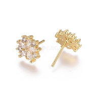 Brass Cubic Zirconia Stud Earring Findings, with Loop, Flower, Clear, Golden, 14.5mm, Pin: 0.8mm(EJEW-E257-04G)