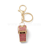Shining Zinc Alloy Rhinestone Whistle Pendant Keychain, for Car Key Bag Charms Ornaments, Rose, 11.9cm(KEYC-O014-01G-03)