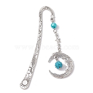 Alloy Moon Pendant Bookmark, Tibetan Style Alloy Hook Bookmarks, with Glass Pearl, Deep Sky Blue, 112mm(AJEW-JK00296-03)