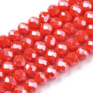 Electroplate Glass Beads Strands, Pearl Luster Plated, Faceted, Rondelle, Red, 3.5x3mm, Hole: 0.4mm, about 123~127pcs/strand, 13.7~14.1 inch(35~36cm)(EGLA-A034-P3mm-A10)