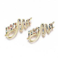 Brass Micro Pave Colorful Cubic Zirconia Links Connectors, for Mother's Day, Nickel Free, Word Mama, Real 16K Gold Plated, 17x34.5x2mm, Hole: 1.2mm(ZIRC-S067-221-NF)