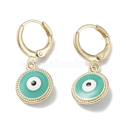 Real 18K Gold Plated Brass Dangle Leverback Earrings, with Enamel, Evil Eye, Turquoise, 26.5x11mm(EJEW-L269-007G-01)