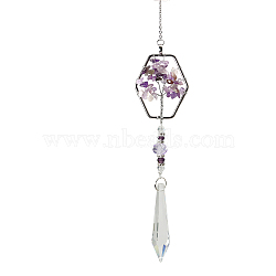 K9 Crystal Glass Big Pendant Decorations, Hanging Sun Catchers, with Amethyst Chip Beads, Hexagon with Tree of Life, Indigo, 405mm(HJEW-PW0001-013B)
