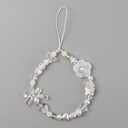 Resin Beaded Mobile Phone Lanyard Wrist Strap, Cute Phone Charm Flower Bowknot Phone Anti-Lost Chain for Women Girls , White, 193mm(HJEW-WH0069-06)