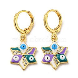 Real 18K Gold Plated Brass Dangle Leverback Earrings, with Enamel and Cubic Zirconia, Evil Eye, Blue Violet, 30.5x13mm(EJEW-A033-19G-01)