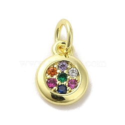 Brass Micro Pave Cubic Zirconia Charms, Real 18K Gold Plated, Flat Round Charms, Colorful, 9.5x7.5x2mm, Hole: 3mm(KK-M283-25F-02)