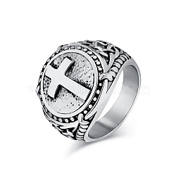 Stainless Steel Cross Signet Rings, Antique Silver, US Size 12(21.4mm)(PW-WG22383-06)