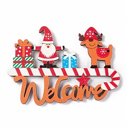 Christmas Decoration Wooden Door Plate, Wood Big Pendants for Door Hanging, Word Welcome with Santa Claus & Reindeers/Stags & Gift Boxes, Colorful, 71x99.5x3.5mm, Hole: 2.5mm(FIND-H030-09)