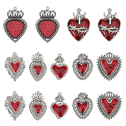 14Pcs 7 Style Alloy Enamel Pendants, Antique Silver, Heart & Sacred Heart Charm, FireBrick, 29.5~64x20~42.5x3~5mm, Hole: 1.5~3mm, 2pcs/style(FIND-CA0008-22)