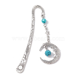 Alloy Moon Pendant Bookmark, Tibetan Style Alloy Hook Bookmarks, with Glass Pearl, Deep Sky Blue, 112mm(AJEW-JK00296-03)