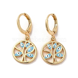Tree with Evil Eye Real 18K Gold Plated Brass Dangle Leverback Earrings, with Enamel, Sky Blue, 28.5x13.5mm(EJEW-Q797-19G-02)