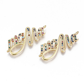 Brass Micro Pave Colorful Cubic Zirconia Links Connectors, for Mother's Day, Nickel Free, Word Mama, Real 16K Gold Plated, 17x34.5x2mm, Hole: 1.2mm