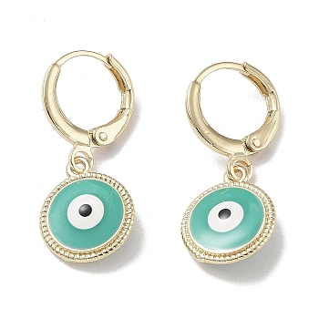 Real 18K Gold Plated Brass Dangle Leverback Earrings, with Enamel, Evil Eye, Turquoise, 26.5x11mm