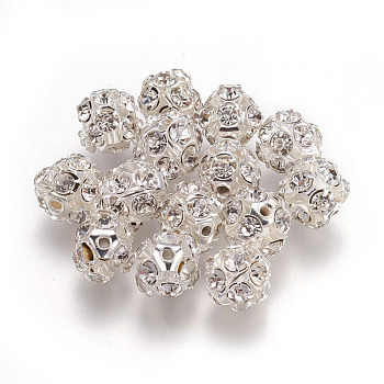 Brass Clear Rhinestone Beads, Grade B, Round, Silver Color Plated, 10mm