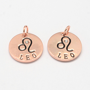 Alloy Pendants, with Rhinestone, Flat Round, with Constellation/Zodiac Sign, Rose Gold, Leo, 22x2.5mm, Hole: 5.5mm