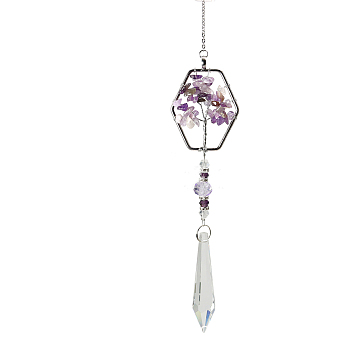 K9 Crystal Glass Big Pendant Decorations, Hanging Sun Catchers, with Amethyst Chip Beads, Hexagon with Tree of Life, Indigo, 405mm