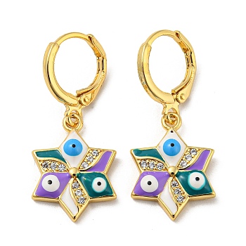 Real 18K Gold Plated Brass Dangle Leverback Earrings, with Enamel and Cubic Zirconia, Evil Eye, Blue Violet, 30.5x13mm