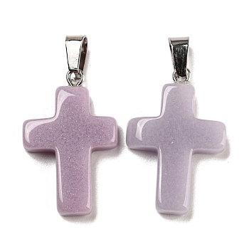 Synthetic Luminous Stone Dyed Pendants, Glow in the Dark Cross Charms with Platinum Plated Iron Snap on Bails, Plum, 28x18x4.5mm, Hole: 7x4mm