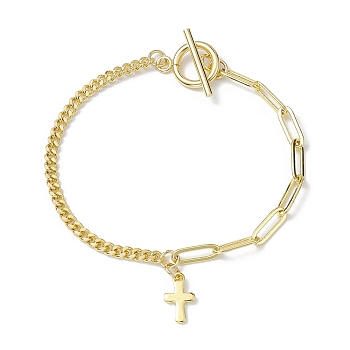 304 Stainless Steel Cross Charm Bracelet, with Brass Paperclip & Curb Chains, Golden, 7-1/2 inch(190mm)