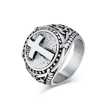 Stainless Steel Cross Signet Rings, Antique Silver, US Size 12(21.4mm)