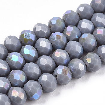Electroplate Opaque Solid Color Glass Beads Strands, Half Rainbow Plated, Faceted, Rondelle, Light Steel Blue, 6x5mm, Hole: 1mm, about 85~88pcs/strand, 16.1~16.5 inch(41~42cm)