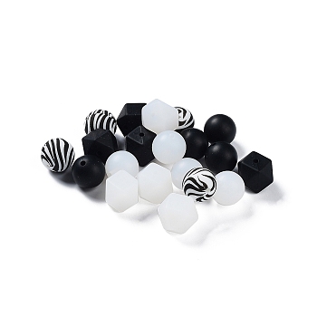 Round/Polygon Food Grade Silicone Focal Beads, Chewing Beads For Teethers, DIY Nursing Necklaces Making, Zebra Pattern, Black, 14~15x15~18x14~15mm, Hole: 2.3~2.5mm, 20pcs/bag