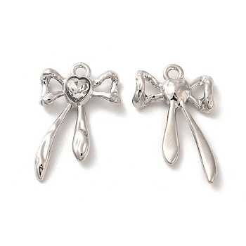 Rack Plating Alloy Charms, with Glass, Nickel Free, Bowknot with Heart Charms, Platinum, Clear, 25x16x3.5mm, Hole: 1.8mm