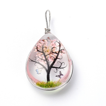 Transparent Glass Pendants, with Dride Flower inside and Zinc Alloy Finding, Teardrop, Platinum, Pink, 35.5x18x9mm, Hole: 3.5x4.5mm