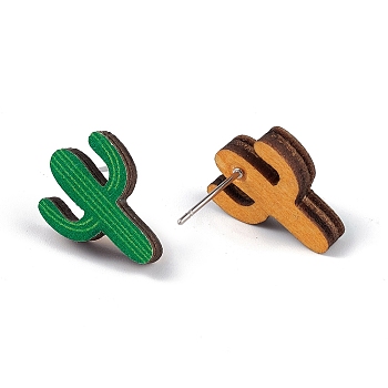 Natural Wood Stud Earrings, 316 Stainless Steel Jewelry for Women, Cactus Pattern, 16x11.5mm, Pin: 0.6mm