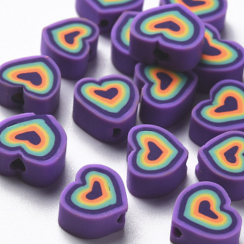 Handmade Polymer Clay Beads, Heart, Medium Purple, 7.5~11x7~11x4~5mm, Hole: 1.8mm