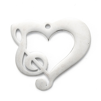 304 Stainless Steel Pendants, Laser Cut, Heart with Musical Note, Stainless Steel Color, 27.5x30x1.4mm, Hole: 1.8mm