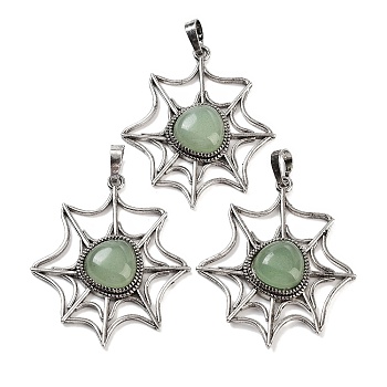 Natural Green Aventurine Spider Web Pendants, Rack Plating Antique Silver Plated Brass Halloween Net Charms, Cadmium Free & Lead Free, 44.5x37.5x7mm, Hole: 7.5x5mm
