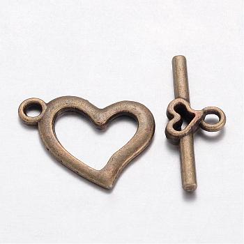 Alloy Toggle Clasps, Cadmium Free & Lead Free, Antique Bronze, Heart: 15x19mm, hole: 1.8mm, Bar: 22x9mm, Hole: 1.8mm.